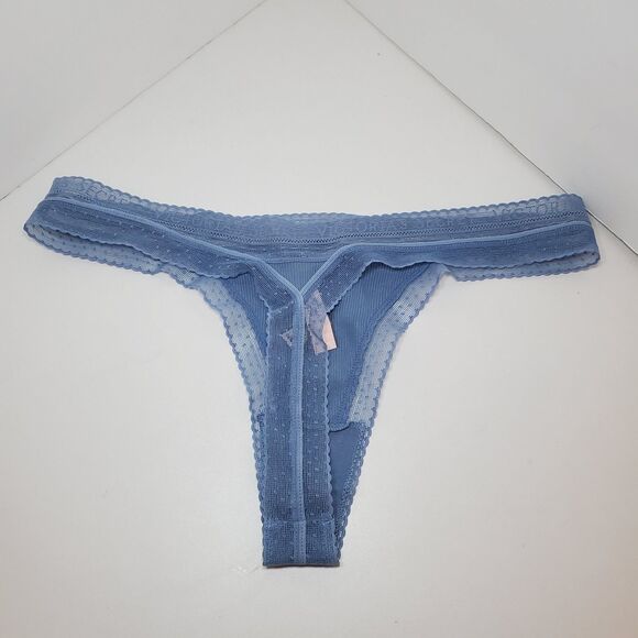NEW True Vintage 90s Victoria Secret Blue Low Rise Sz XL Thong Sexy Sheer Trim - Picture 3 of 6